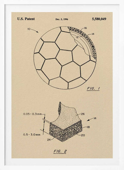 A framed vintage-style patent drawing of a soccer ball, U.S. Patent 5,580,049 from 1996. The poster displays two figures on a beige background: FIG. 1 shows the soccer ball with its hexagonal pattern and a cutaway view of its layers, while FIG. 2 provides a detailed cross-section of the ball's material. Wall Art