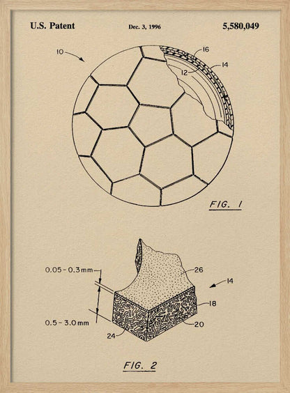 A framed vintage-style patent drawing of a soccer ball, U.S. Patent 5,580,049 from 1996. The poster displays two figures on a beige background: FIG. 1 shows the soccer ball with its hexagonal pattern and a cutaway view of its layers, while FIG. 2 provides a detailed cross-section of the ball's material. Wall Art