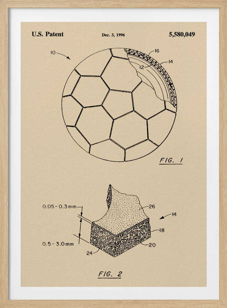 A framed vintage-style patent drawing of a soccer ball, U.S. Patent 5,580,049 from 1996. The poster displays two figures on a beige background: FIG. 1 shows the soccer ball with its hexagonal pattern and a cutaway view of its layers, while FIG. 2 provides a detailed cross-section of the ball's material. Wall Art