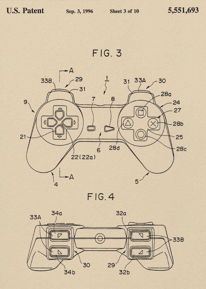 A framed patent illustration for a video game controller, dated Sep. 3, 1996. The drawing is on a cream-colored background and shows two figures (FIG. 3 and FIG. 4) of the controller, which strongly resembles the original Sony PlayStation controller, with various parts labeled with numbers. Poster