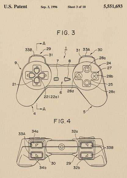 A framed patent illustration for a video game controller, dated Sep. 3, 1996. The drawing is on a cream-colored background and shows two figures (FIG. 3 and FIG. 4) of the controller, which strongly resembles the original Sony PlayStation controller, with various parts labeled with numbers. Poster