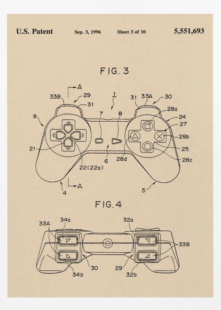 A framed patent illustration for a video game controller, dated Sep. 3, 1996. The drawing is on a cream-colored background and shows two figures (FIG. 3 and FIG. 4) of the controller, which strongly resembles the original Sony PlayStation controller, with various parts labeled with numbers. Poster