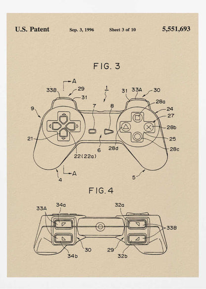 A framed patent illustration for a video game controller, dated Sep. 3, 1996. The drawing is on a cream-colored background and shows two figures (FIG. 3 and FIG. 4) of the controller, which strongly resembles the original Sony PlayStation controller, with various parts labeled with numbers. Poster