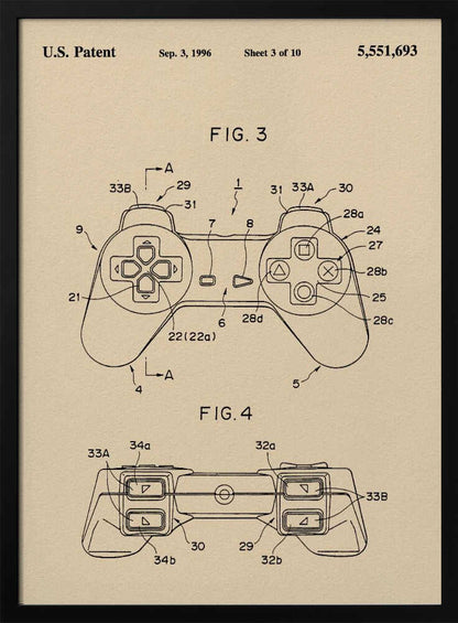 A framed patent illustration for a video game controller, dated Sep. 3, 1996. The drawing is on a cream-colored background and shows two figures (FIG. 3 and FIG. 4) of the controller, which strongly resembles the original Sony PlayStation controller, with various parts labeled with numbers. Poster