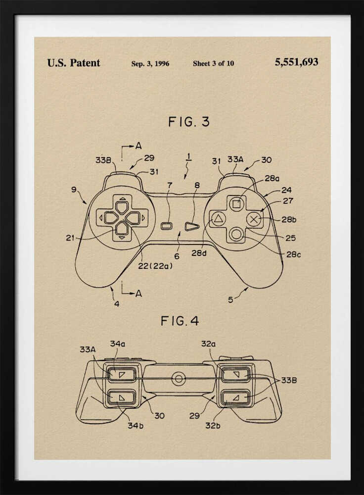 A framed patent illustration for a video game controller, dated Sep. 3, 1996. The drawing is on a cream-colored background and shows two figures (FIG. 3 and FIG. 4) of the controller, which strongly resembles the original Sony PlayStation controller, with various parts labeled with numbers. Poster