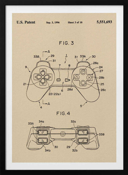 A framed patent illustration for a video game controller, dated Sep. 3, 1996. The drawing is on a cream-colored background and shows two figures (FIG. 3 and FIG. 4) of the controller, which strongly resembles the original Sony PlayStation controller, with various parts labeled with numbers. Poster