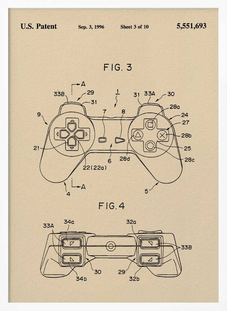 A framed patent illustration for a video game controller, dated Sep. 3, 1996. The drawing is on a cream-colored background and shows two figures (FIG. 3 and FIG. 4) of the controller, which strongly resembles the original Sony PlayStation controller, with various parts labeled with numbers. Poster