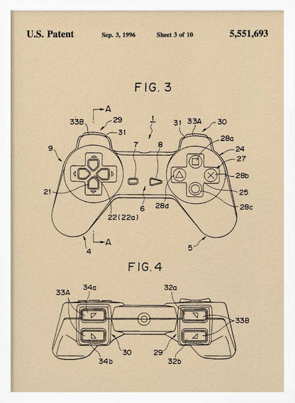 A framed patent illustration for a video game controller, dated Sep. 3, 1996. The drawing is on a cream-colored background and shows two figures (FIG. 3 and FIG. 4) of the controller, which strongly resembles the original Sony PlayStation controller, with various parts labeled with numbers. Poster