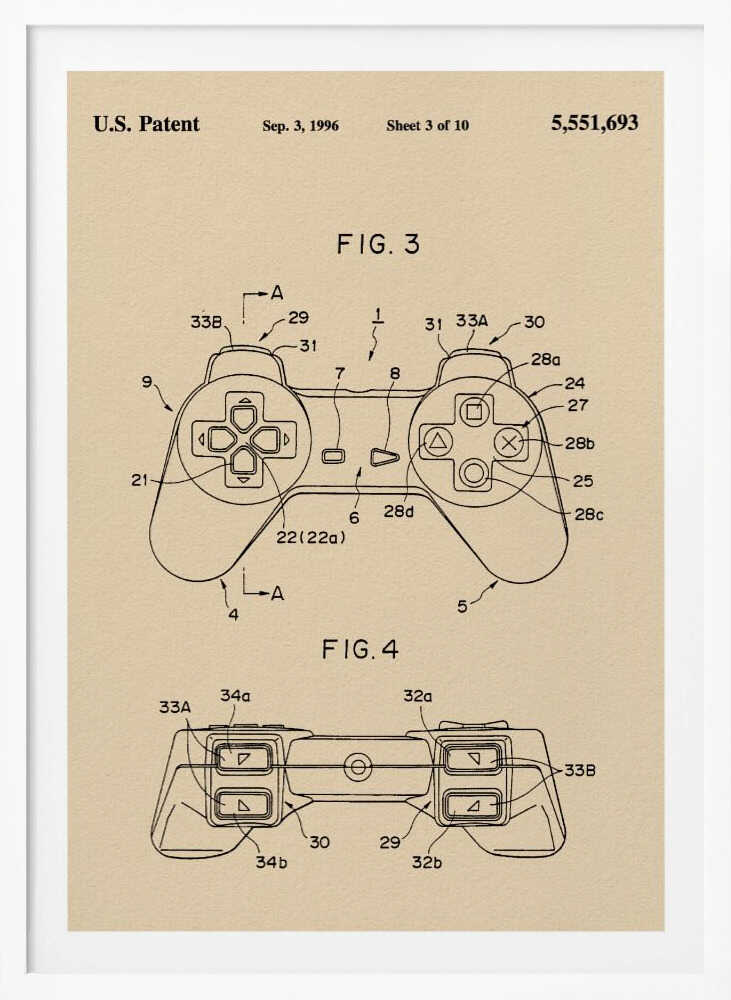 A framed patent illustration for a video game controller, dated Sep. 3, 1996. The drawing is on a cream-colored background and shows two figures (FIG. 3 and FIG. 4) of the controller, which strongly resembles the original Sony PlayStation controller, with various parts labeled with numbers. Poster