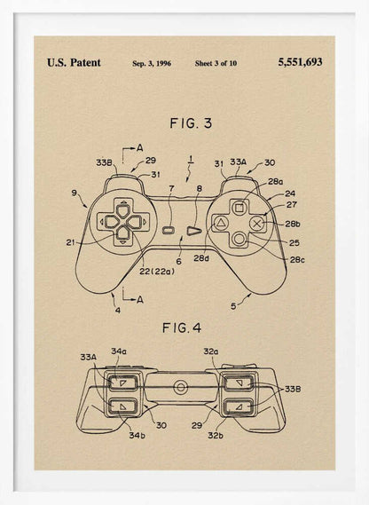A framed patent illustration for a video game controller, dated Sep. 3, 1996. The drawing is on a cream-colored background and shows two figures (FIG. 3 and FIG. 4) of the controller, which strongly resembles the original Sony PlayStation controller, with various parts labeled with numbers. Poster