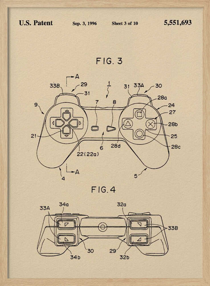 A framed patent illustration for a video game controller, dated Sep. 3, 1996. The drawing is on a cream-colored background and shows two figures (FIG. 3 and FIG. 4) of the controller, which strongly resembles the original Sony PlayStation controller, with various parts labeled with numbers. Poster