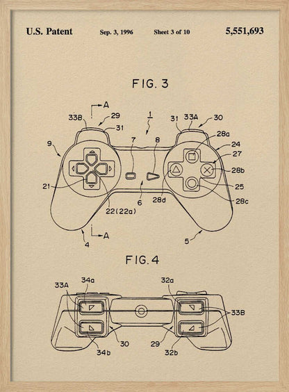 A framed patent illustration for a video game controller, dated Sep. 3, 1996. The drawing is on a cream-colored background and shows two figures (FIG. 3 and FIG. 4) of the controller, which strongly resembles the original Sony PlayStation controller, with various parts labeled with numbers. Poster