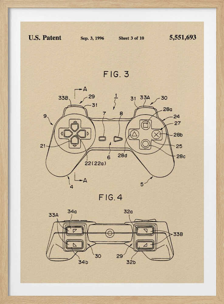 A framed patent illustration for a video game controller, dated Sep. 3, 1996. The drawing is on a cream-colored background and shows two figures (FIG. 3 and FIG. 4) of the controller, which strongly resembles the original Sony PlayStation controller, with various parts labeled with numbers. Poster
