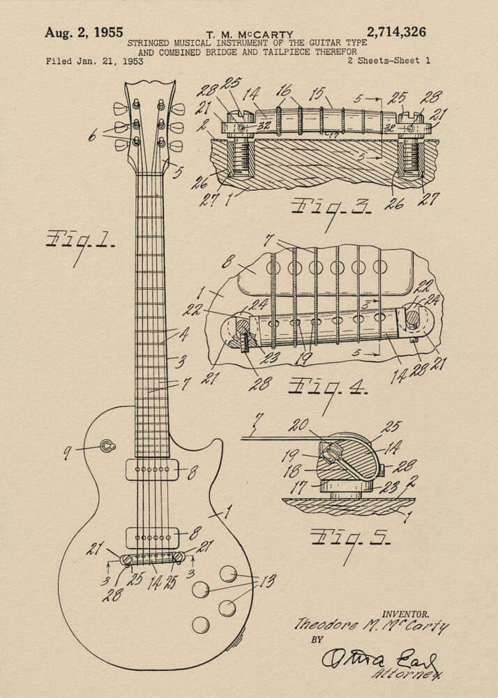 A framed patent illustration for an electric guitar, dated 1955, showing detailed schematics of the instrument and its components on aged beige paper. Decor