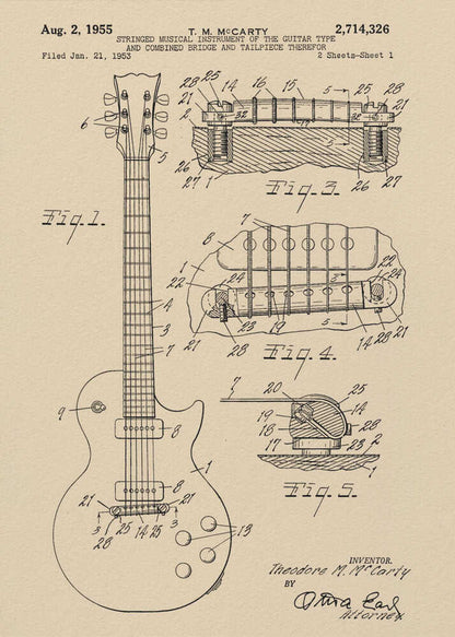A framed patent illustration for an electric guitar, dated 1955, showing detailed schematics of the instrument and its components on aged beige paper. Decor