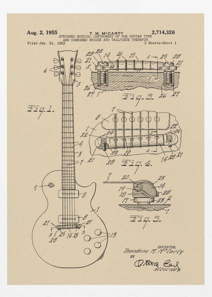 A framed patent illustration for an electric guitar, dated 1955, showing detailed schematics of the instrument and its components on aged beige paper. Decor