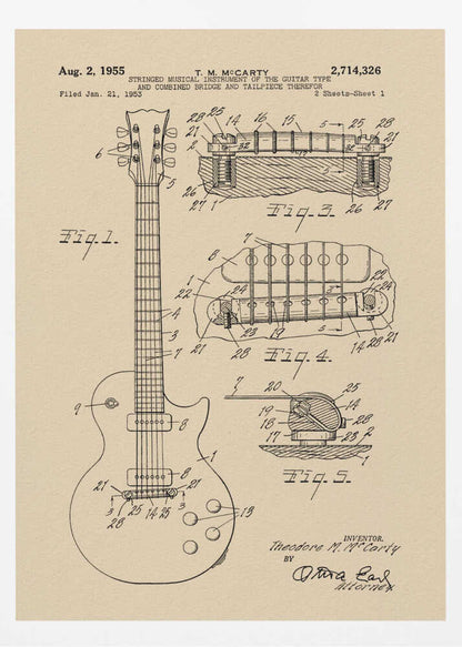 A framed patent illustration for an electric guitar, dated 1955, showing detailed schematics of the instrument and its components on aged beige paper. Decor