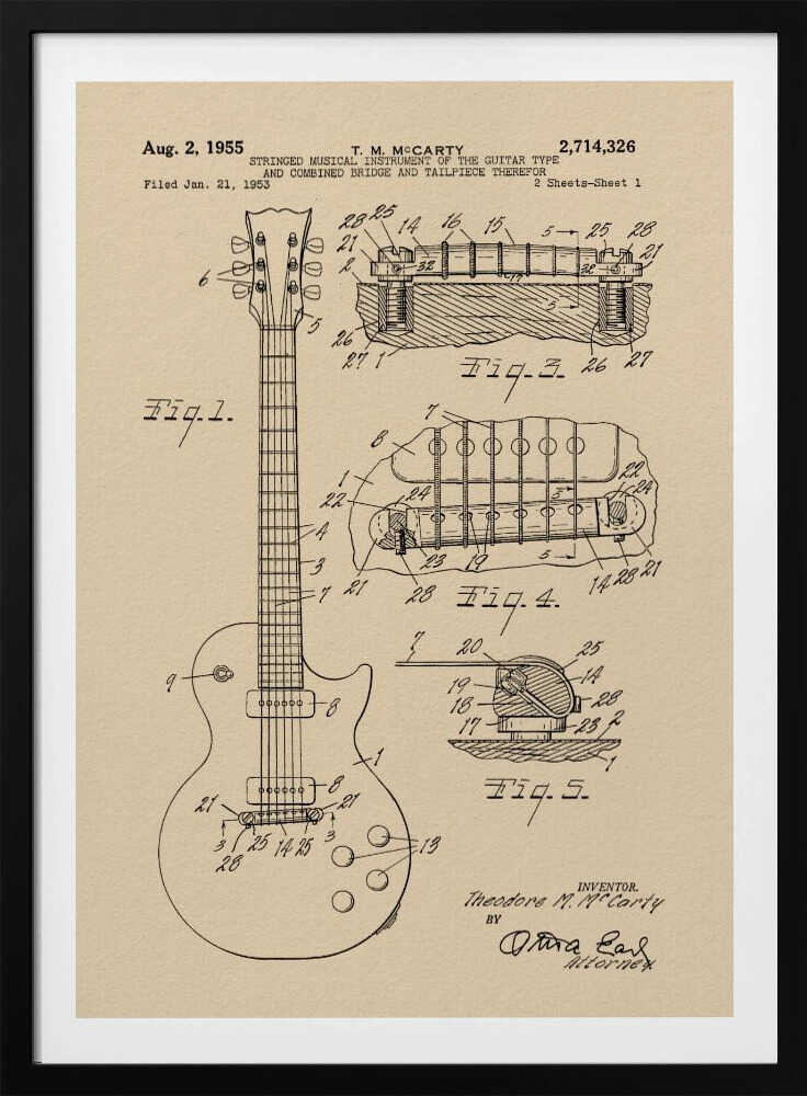 A framed patent illustration for an electric guitar, dated 1955, showing detailed schematics of the instrument and its components on aged beige paper. Decor
