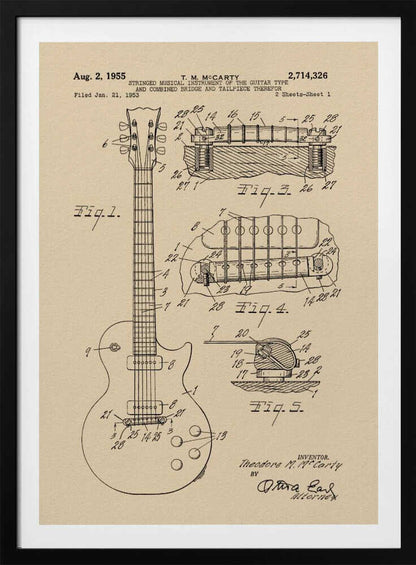 A framed patent illustration for an electric guitar, dated 1955, showing detailed schematics of the instrument and its components on aged beige paper. Decor