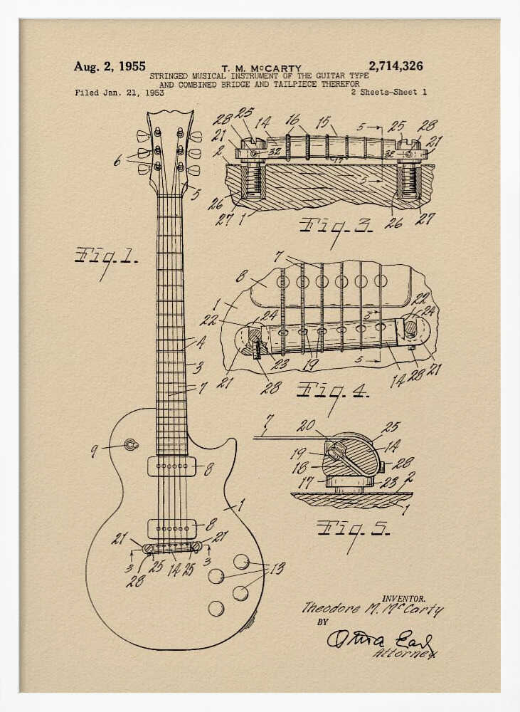 A framed patent illustration for an electric guitar, dated 1955, showing detailed schematics of the instrument and its components on aged beige paper. Decor