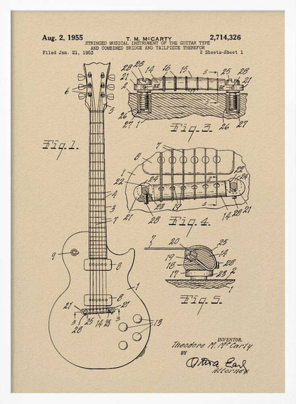 A framed patent illustration for an electric guitar, dated 1955, showing detailed schematics of the instrument and its components on aged beige paper. Decor