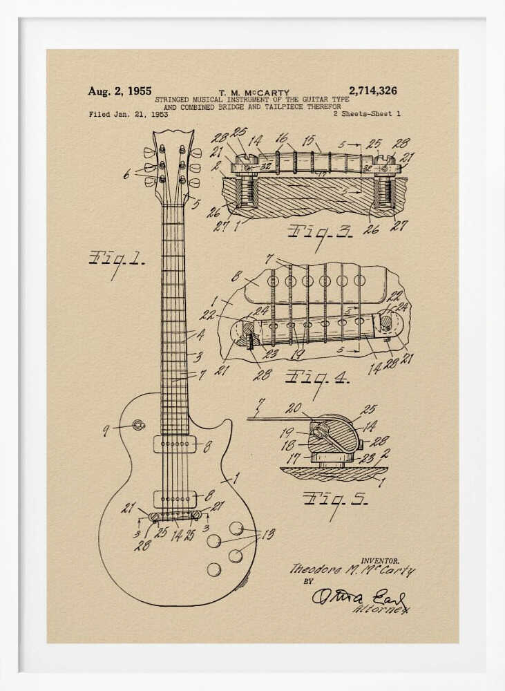 A framed patent illustration for an electric guitar, dated 1955, showing detailed schematics of the instrument and its components on aged beige paper. Decor