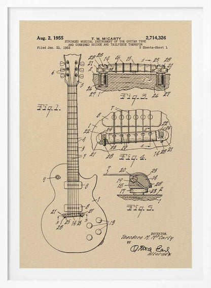 A framed patent illustration for an electric guitar, dated 1955, showing detailed schematics of the instrument and its components on aged beige paper. Decor