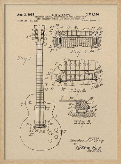 A framed patent illustration for an electric guitar, dated 1955, showing detailed schematics of the instrument and its components on aged beige paper. Decor