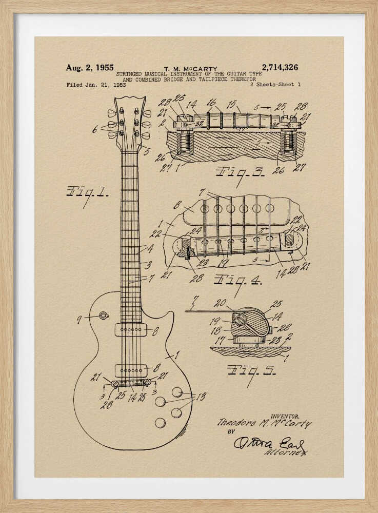 A framed patent illustration for an electric guitar, dated 1955, showing detailed schematics of the instrument and its components on aged beige paper. Decor
