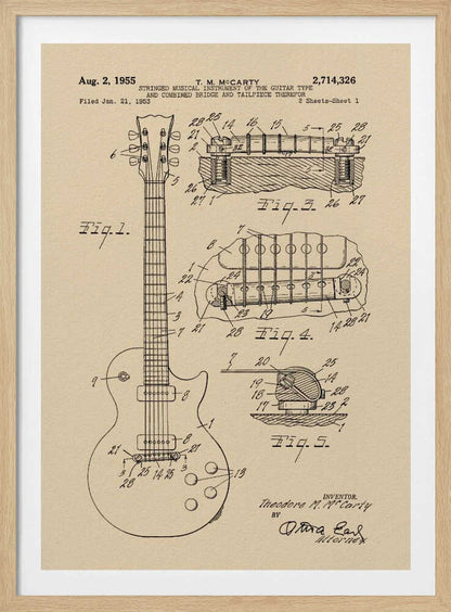 A framed patent illustration for an electric guitar, dated 1955, showing detailed schematics of the instrument and its components on aged beige paper. Decor