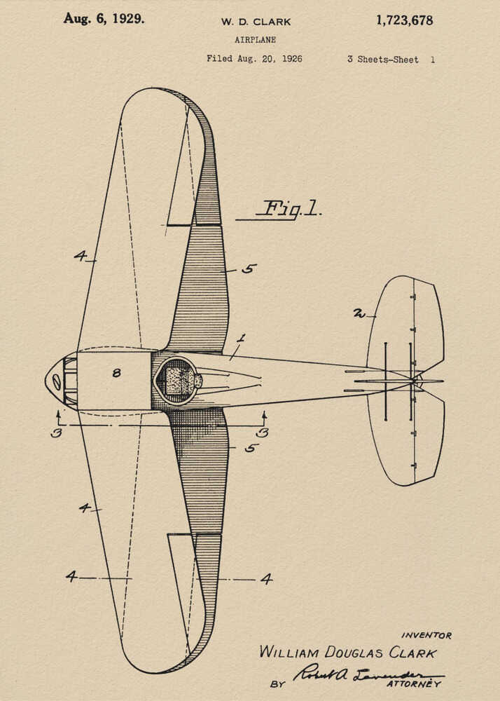 A framed vintage patent illustration for an airplane, dated August 6, 1929. The technical drawing, labeled 'Fig. 1', shows a top-down view of the aircraft on aged beige paper, credited to inventor William Douglas Clark. Wall Art