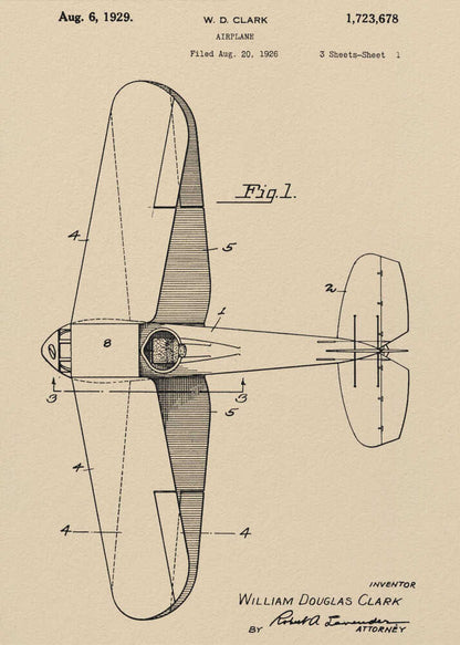 A framed vintage patent illustration for an airplane, dated August 6, 1929. The technical drawing, labeled 'Fig. 1', shows a top-down view of the aircraft on aged beige paper, credited to inventor William Douglas Clark. Wall Art