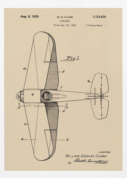A framed vintage patent illustration for an airplane, dated August 6, 1929. The technical drawing, labeled 'Fig. 1', shows a top-down view of the aircraft on aged beige paper, credited to inventor William Douglas Clark. Wall Art