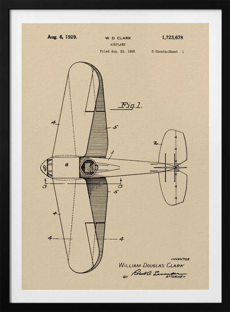 A framed vintage patent illustration for an airplane, dated August 6, 1929. The technical drawing, labeled 'Fig. 1', shows a top-down view of the aircraft on aged beige paper, credited to inventor William Douglas Clark. Wall Art