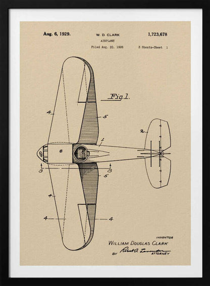 A framed vintage patent illustration for an airplane, dated August 6, 1929. The technical drawing, labeled 'Fig. 1', shows a top-down view of the aircraft on aged beige paper, credited to inventor William Douglas Clark. Wall Art