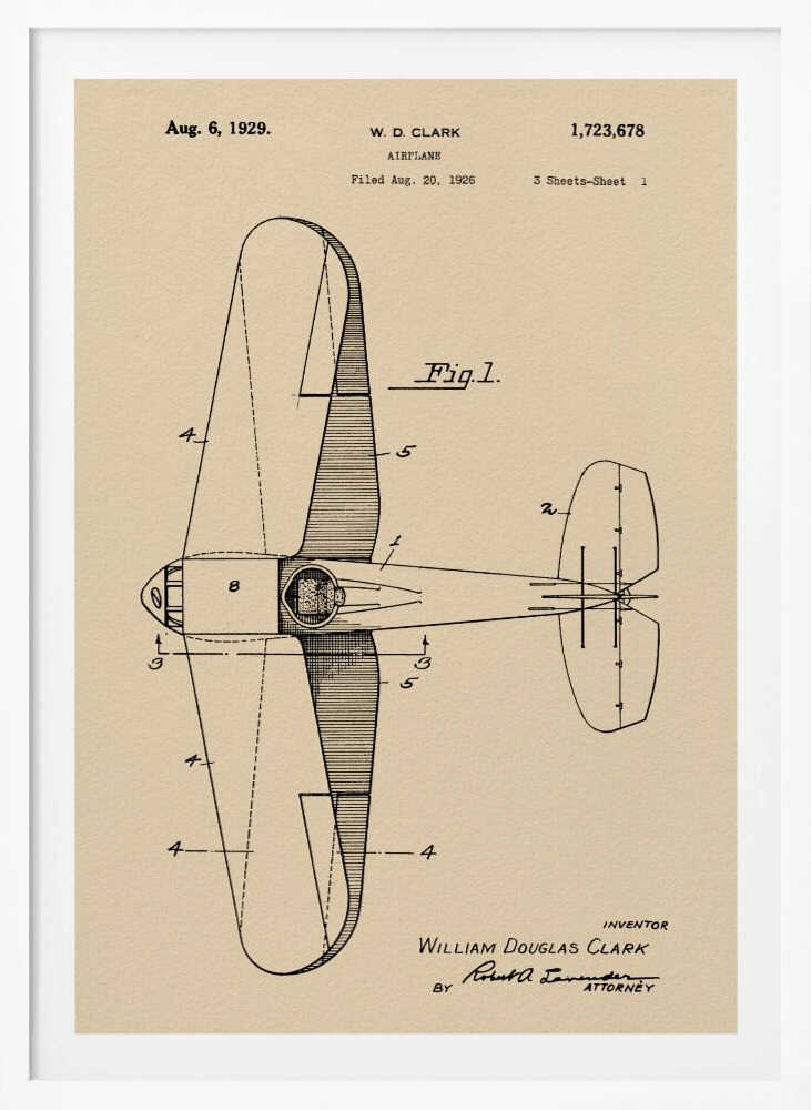 A framed vintage patent illustration for an airplane, dated August 6, 1929. The technical drawing, labeled 'Fig. 1', shows a top-down view of the aircraft on aged beige paper, credited to inventor William Douglas Clark. Wall Art