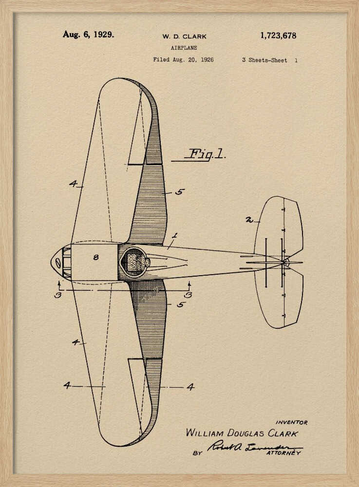 A framed vintage patent illustration for an airplane, dated August 6, 1929. The technical drawing, labeled 'Fig. 1', shows a top-down view of the aircraft on aged beige paper, credited to inventor William Douglas Clark. Wall Art