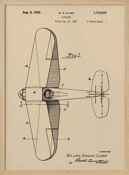 A framed vintage patent illustration for an airplane, dated August 6, 1929. The technical drawing, labeled 'Fig. 1', shows a top-down view of the aircraft on aged beige paper, credited to inventor William Douglas Clark. Wall Art
