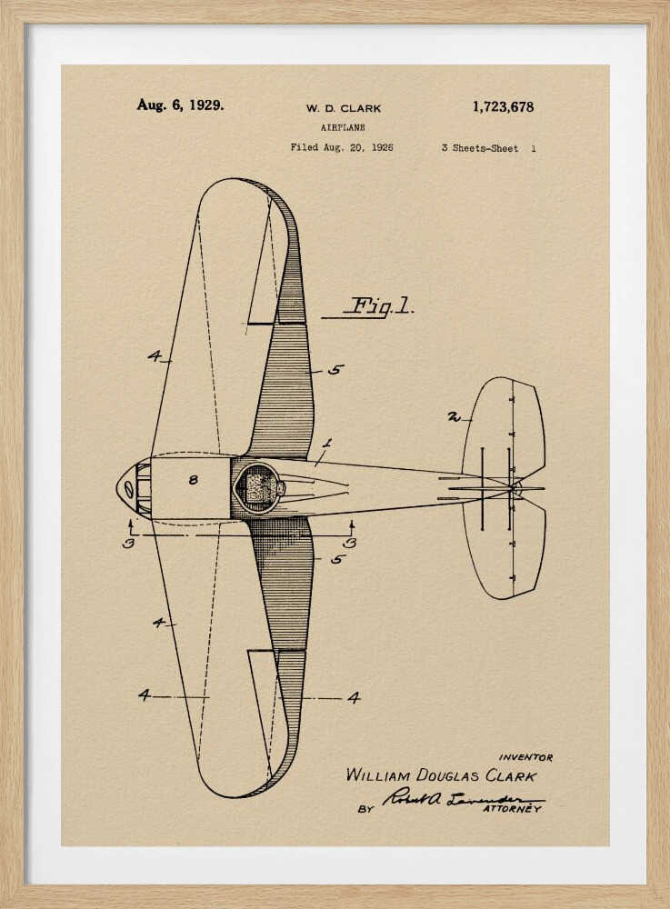 A framed vintage patent illustration for an airplane, dated August 6, 1929. The technical drawing, labeled 'Fig. 1', shows a top-down view of the aircraft on aged beige paper, credited to inventor William Douglas Clark. Wall Art