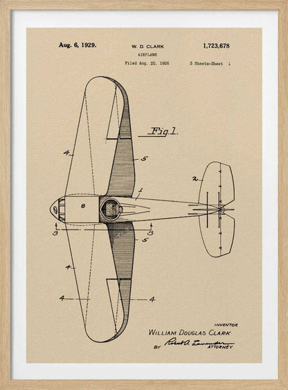 A framed vintage patent illustration for an airplane, dated August 6, 1929. The technical drawing, labeled 'Fig. 1', shows a top-down view of the aircraft on aged beige paper, credited to inventor William Douglas Clark. Wall Art