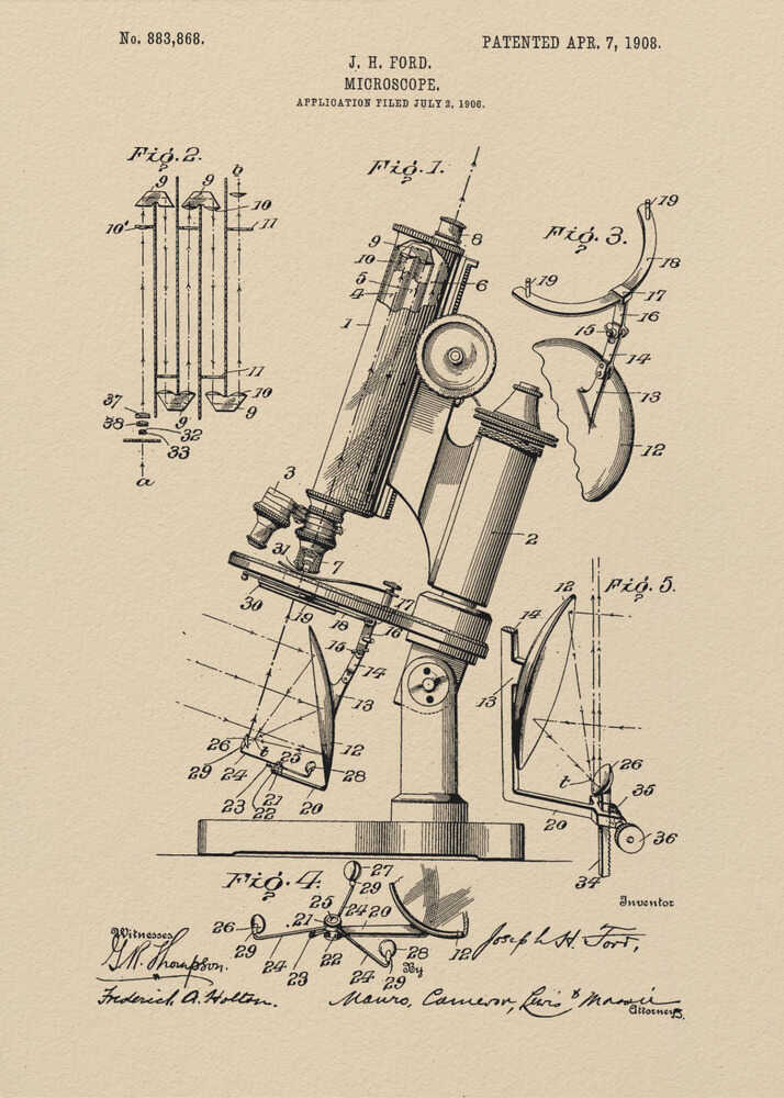 A framed art print of a vintage patent for a J. H. Ford microscope, dated April 7, 1908. The print features detailed black ink diagrams on a beige, parchment-like background, all enclosed in a simple black frame. Print