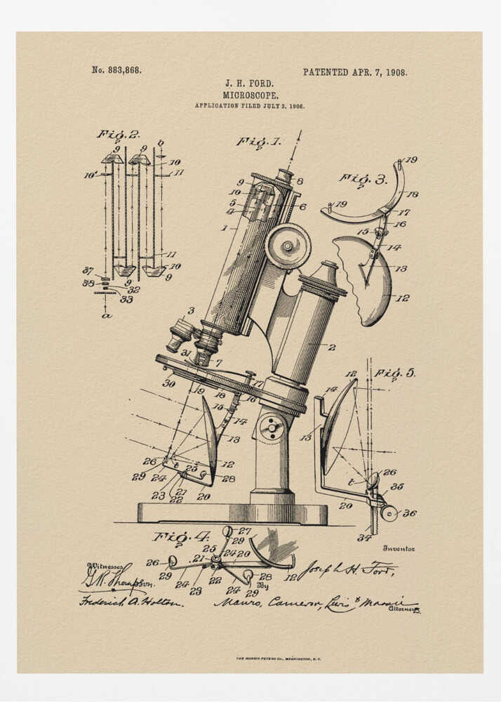 A framed art print of a vintage patent for a J. H. Ford microscope, dated April 7, 1908. The print features detailed black ink diagrams on a beige, parchment-like background, all enclosed in a simple black frame. Print