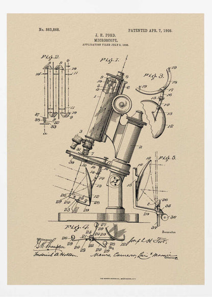 A framed art print of a vintage patent for a J. H. Ford microscope, dated April 7, 1908. The print features detailed black ink diagrams on a beige, parchment-like background, all enclosed in a simple black frame. Print