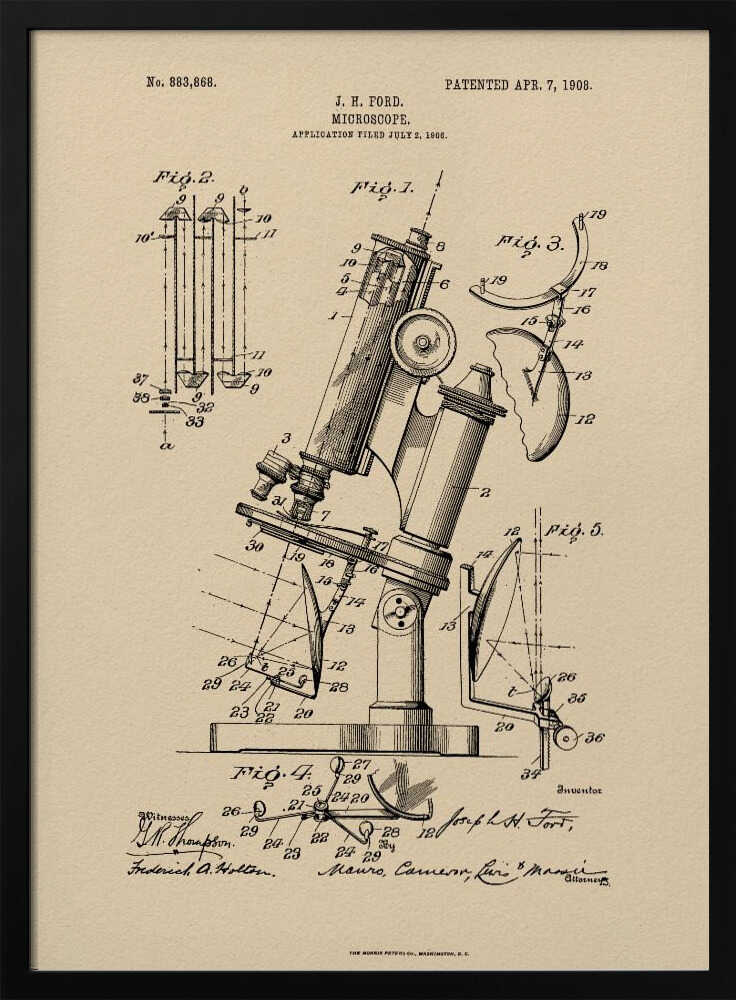 A framed art print of a vintage patent for a J. H. Ford microscope, dated April 7, 1908. The print features detailed black ink diagrams on a beige, parchment-like background, all enclosed in a simple black frame. Print