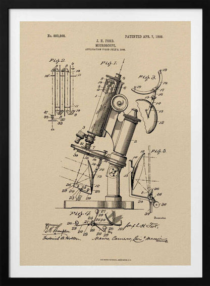 A framed art print of a vintage patent for a J. H. Ford microscope, dated April 7, 1908. The print features detailed black ink diagrams on a beige, parchment-like background, all enclosed in a simple black frame. Print