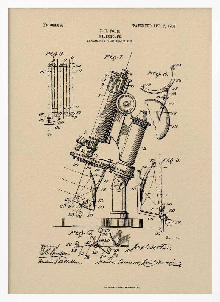 A framed art print of a vintage patent for a J. H. Ford microscope, dated April 7, 1908. The print features detailed black ink diagrams on a beige, parchment-like background, all enclosed in a simple black frame. Print
