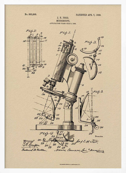A framed art print of a vintage patent for a J. H. Ford microscope, dated April 7, 1908. The print features detailed black ink diagrams on a beige, parchment-like background, all enclosed in a simple black frame. Print