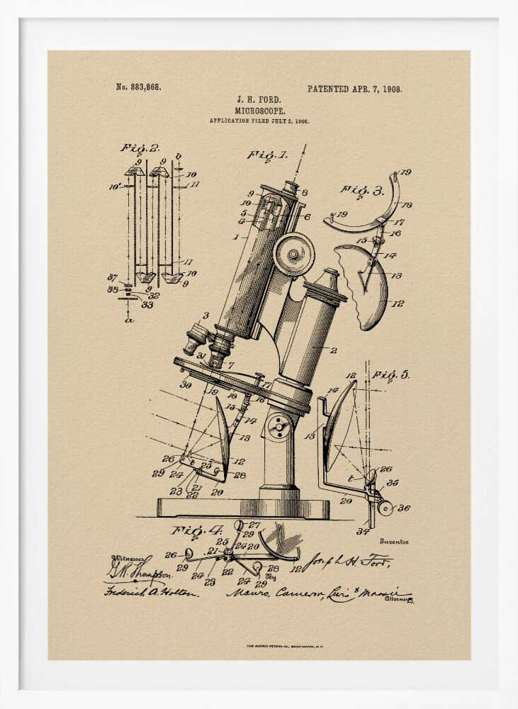 A framed art print of a vintage patent for a J. H. Ford microscope, dated April 7, 1908. The print features detailed black ink diagrams on a beige, parchment-like background, all enclosed in a simple black frame. Print