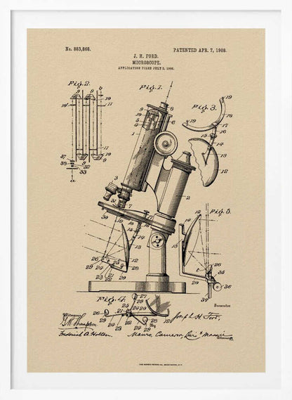 A framed art print of a vintage patent for a J. H. Ford microscope, dated April 7, 1908. The print features detailed black ink diagrams on a beige, parchment-like background, all enclosed in a simple black frame. Print