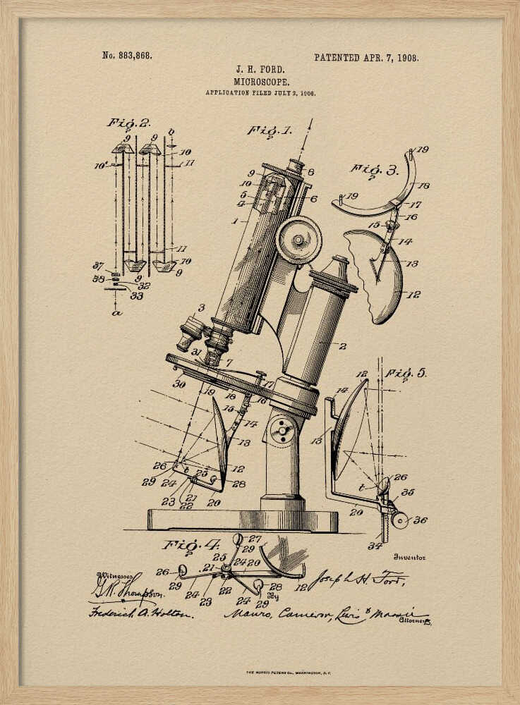 A framed art print of a vintage patent for a J. H. Ford microscope, dated April 7, 1908. The print features detailed black ink diagrams on a beige, parchment-like background, all enclosed in a simple black frame. Print